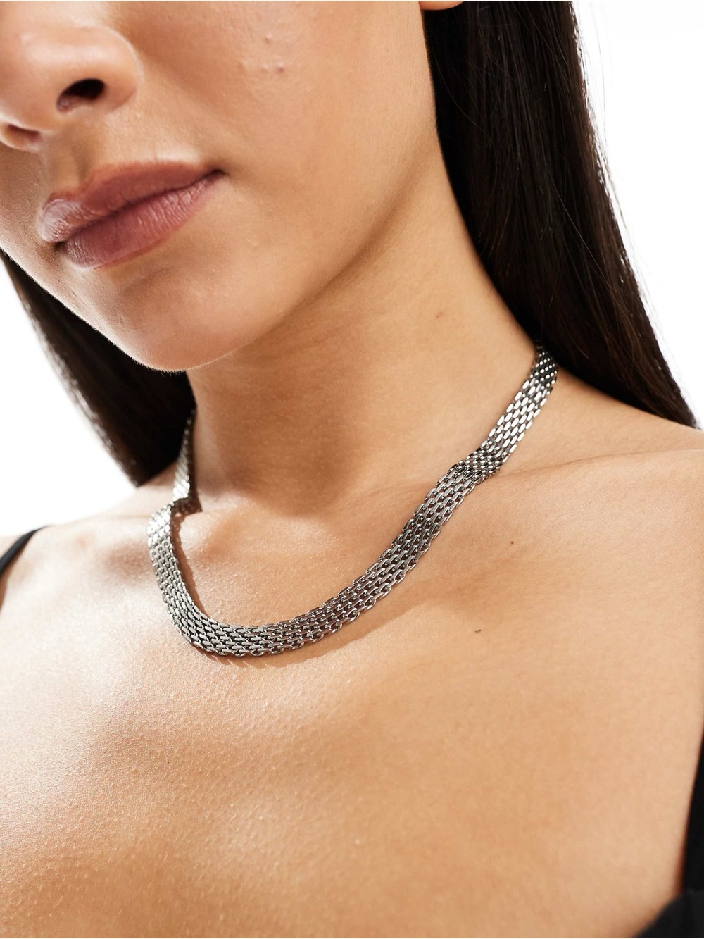 Silver Stainless Steel Woven Mesh Panther Chain Necklace